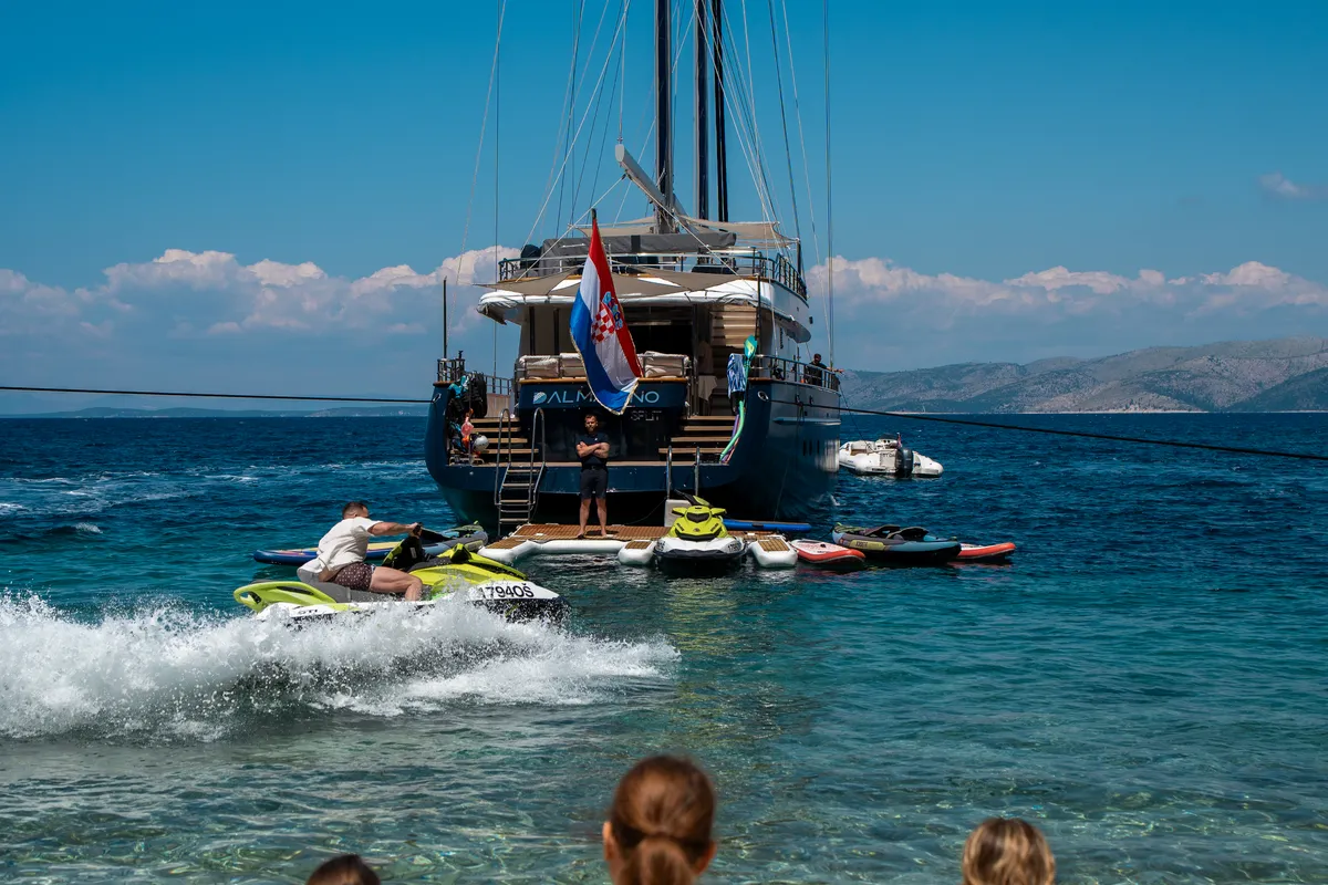 Exterior view of Dalmatino, a Gulet Luxury Sailing Yacht sailboat at Split, Croatia