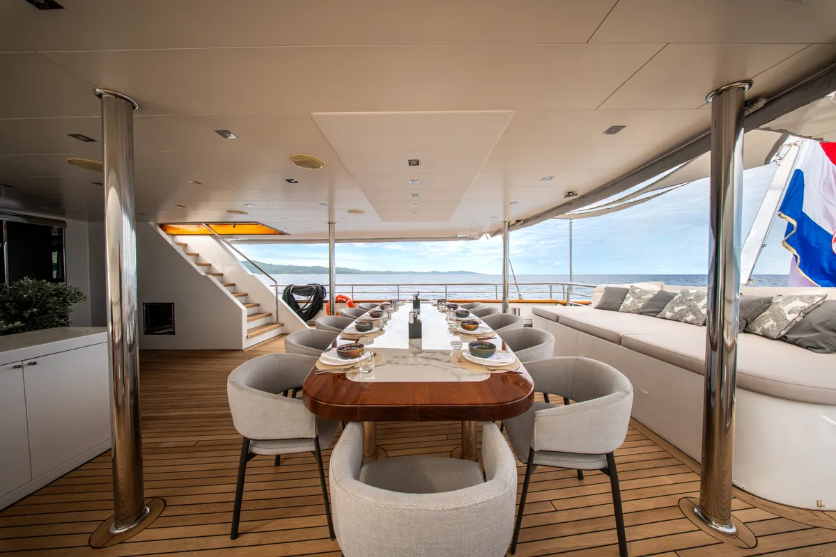 Deck of Dalmatino, a Gulet Luxury Sailing Yacht sailboat at Split, Croatia