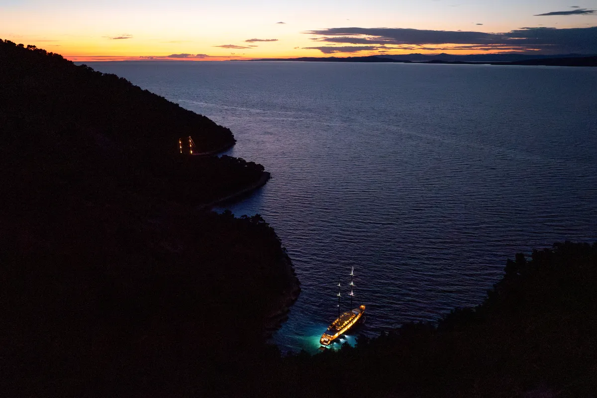 Exterior view of Dalmatino, a Gulet Luxury Sailing Yacht sailboat at Split, Croatia