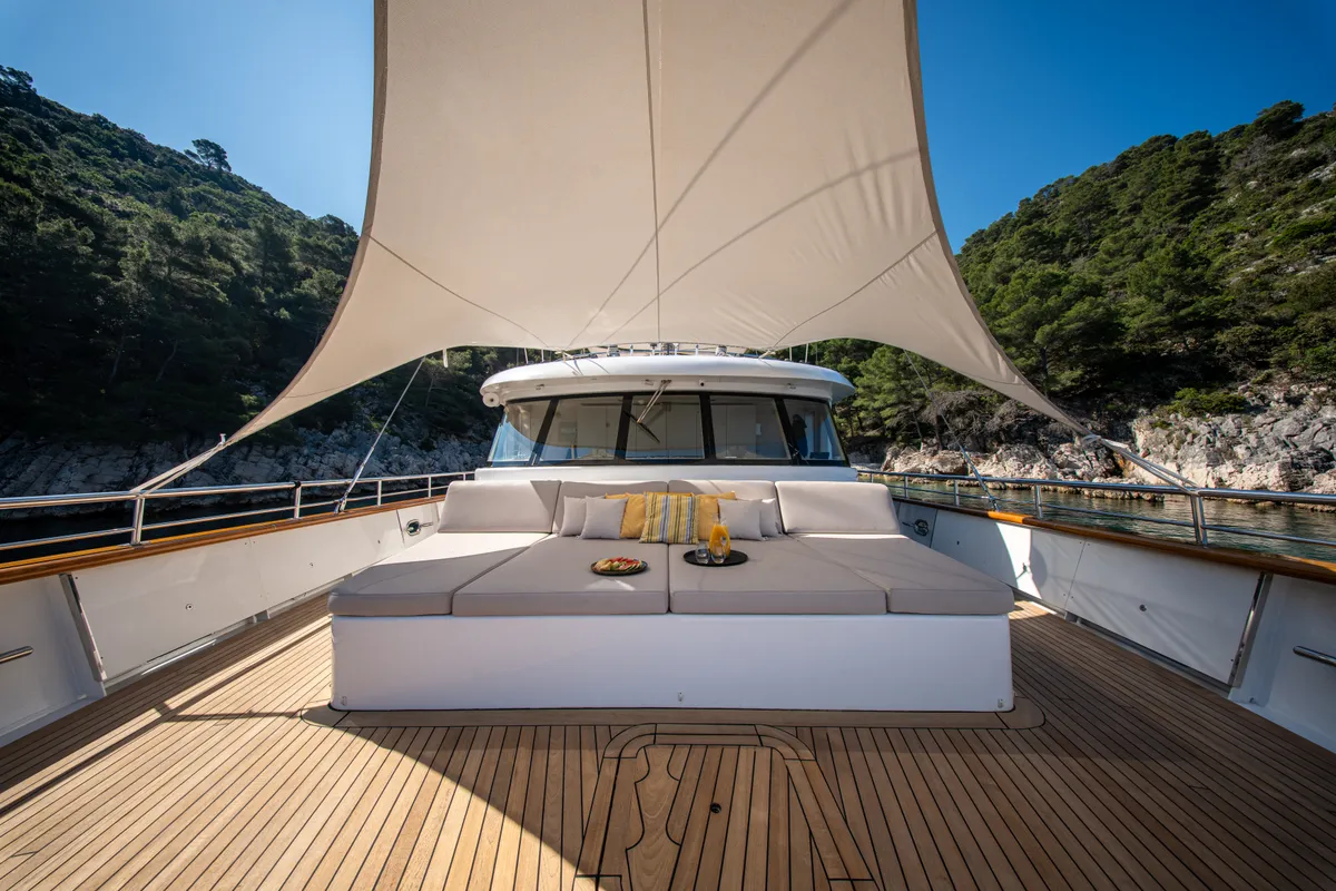 Deck of Dalmatino, a Gulet Luxury Sailing Yacht sailboat at Split, Croatia