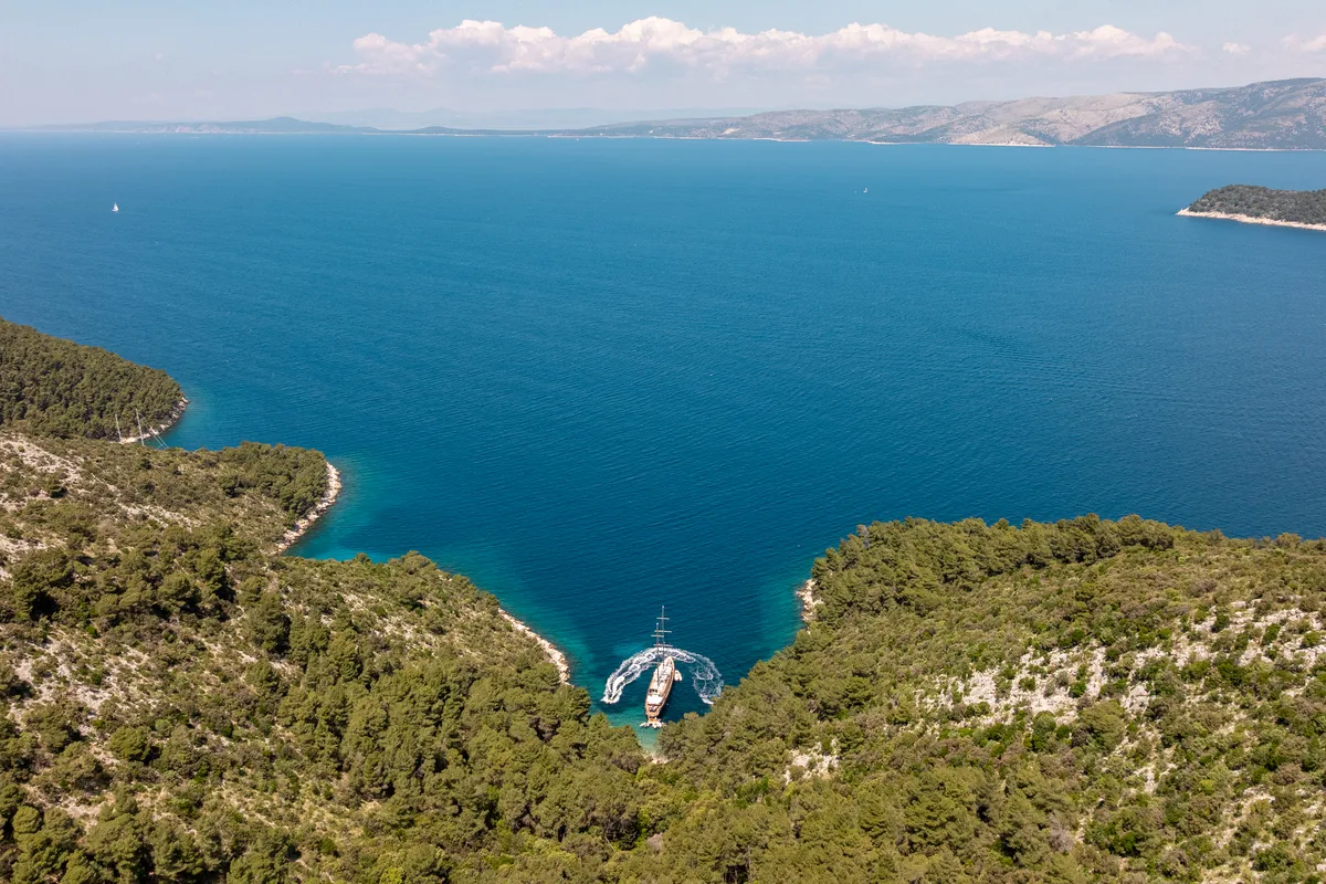 Exterior view of Dalmatino, a Gulet Luxury Sailing Yacht sailboat at Split, Croatia