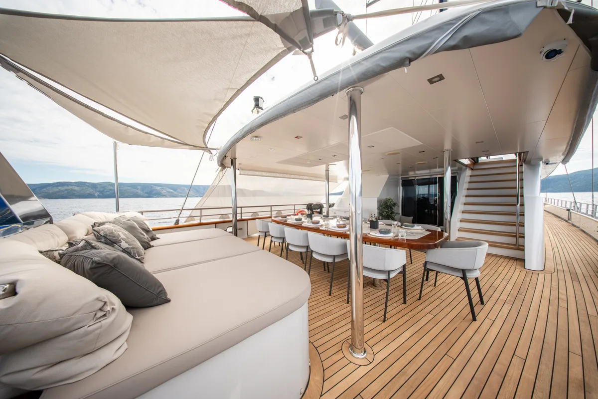 Deck of Dalmatino, a Gulet Luxury Sailing Yacht sailboat at Split, Croatia