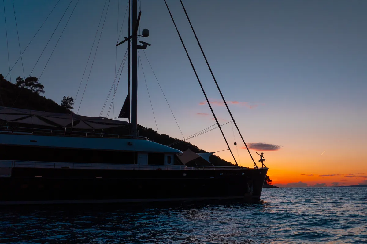 Exterior view of Dalmatino, a Gulet Luxury Sailing Yacht sailboat at Split, Croatia