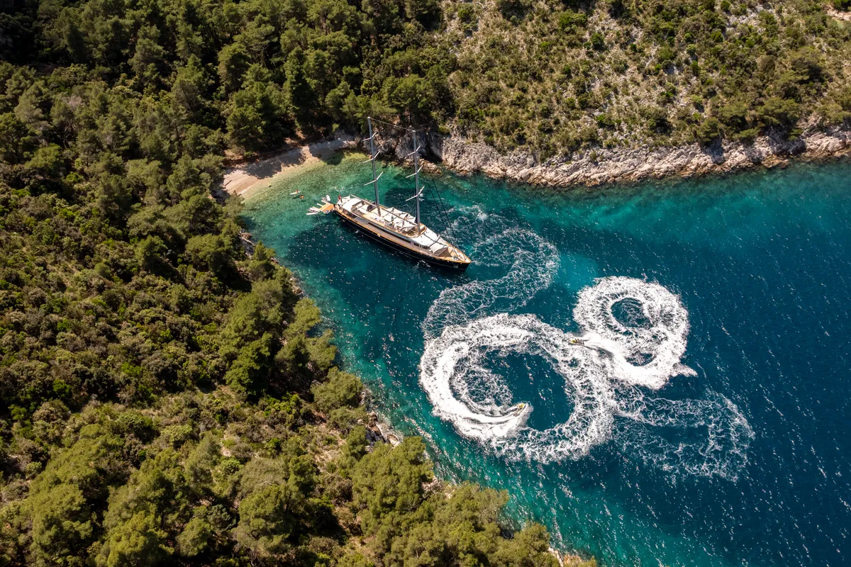 Exterior view of Dalmatino, a Gulet Luxury Sailing Yacht sailboat at Split, Croatia