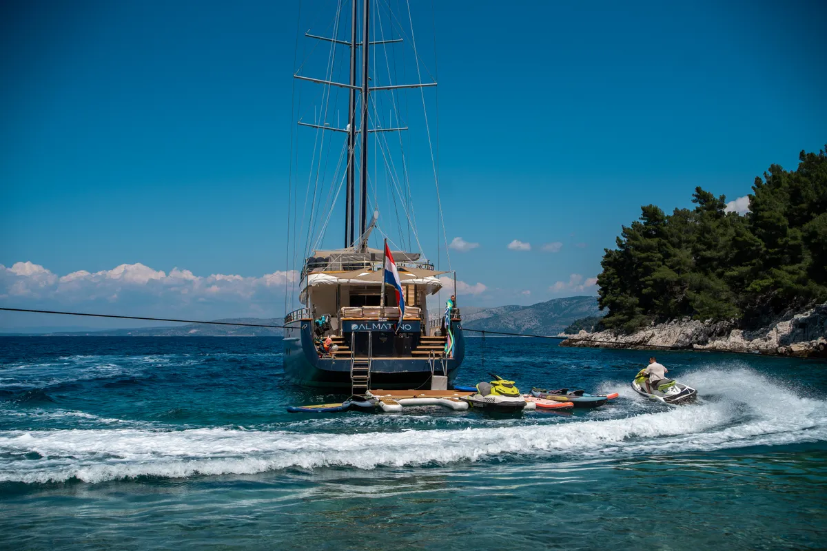 Exterior view of Dalmatino, a Gulet Luxury Sailing Yacht sailboat at Split, Croatia
