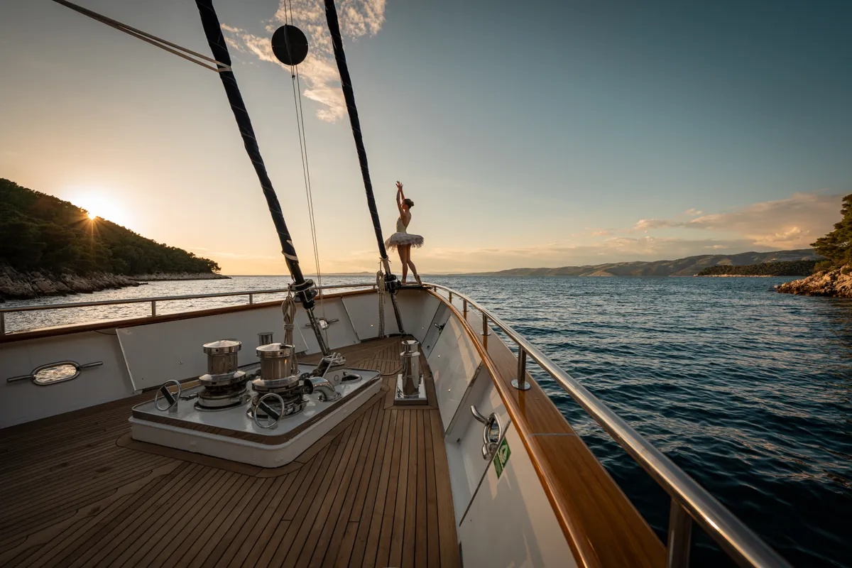 Deck of Dalmatino, a Gulet Luxury Sailing Yacht sailboat at Split, Croatia