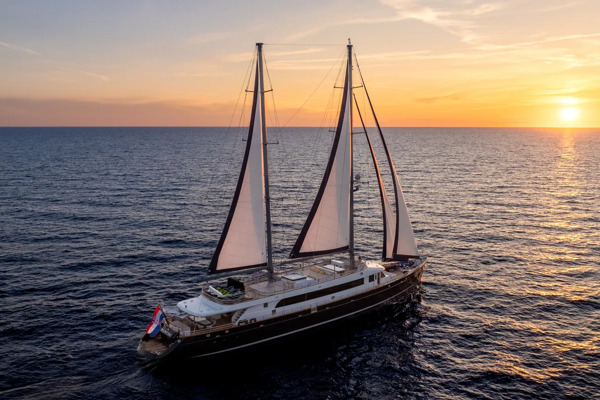 Exterior view of Dalmatino, a Gulet Luxury Sailing Yacht sailboat at Split, Croatia