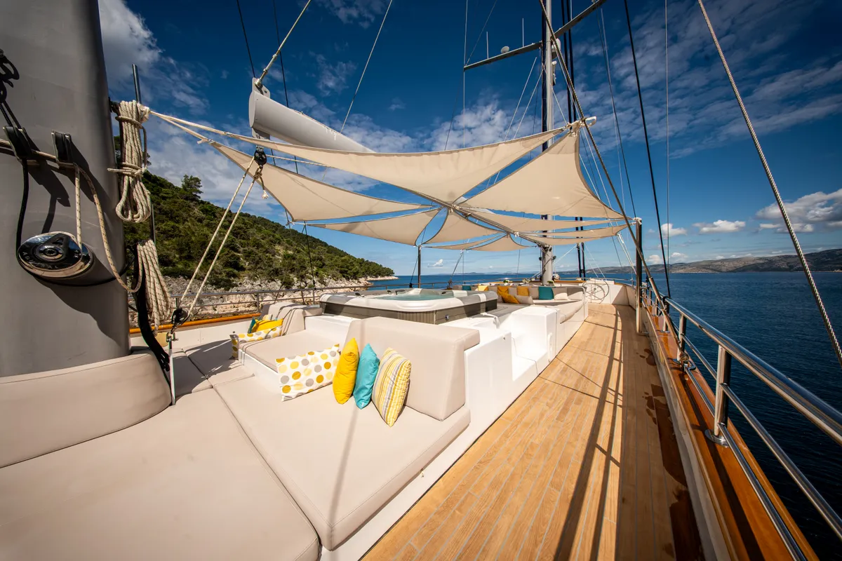 Deck of Dalmatino, a Gulet Luxury Sailing Yacht sailboat at Split, Croatia
