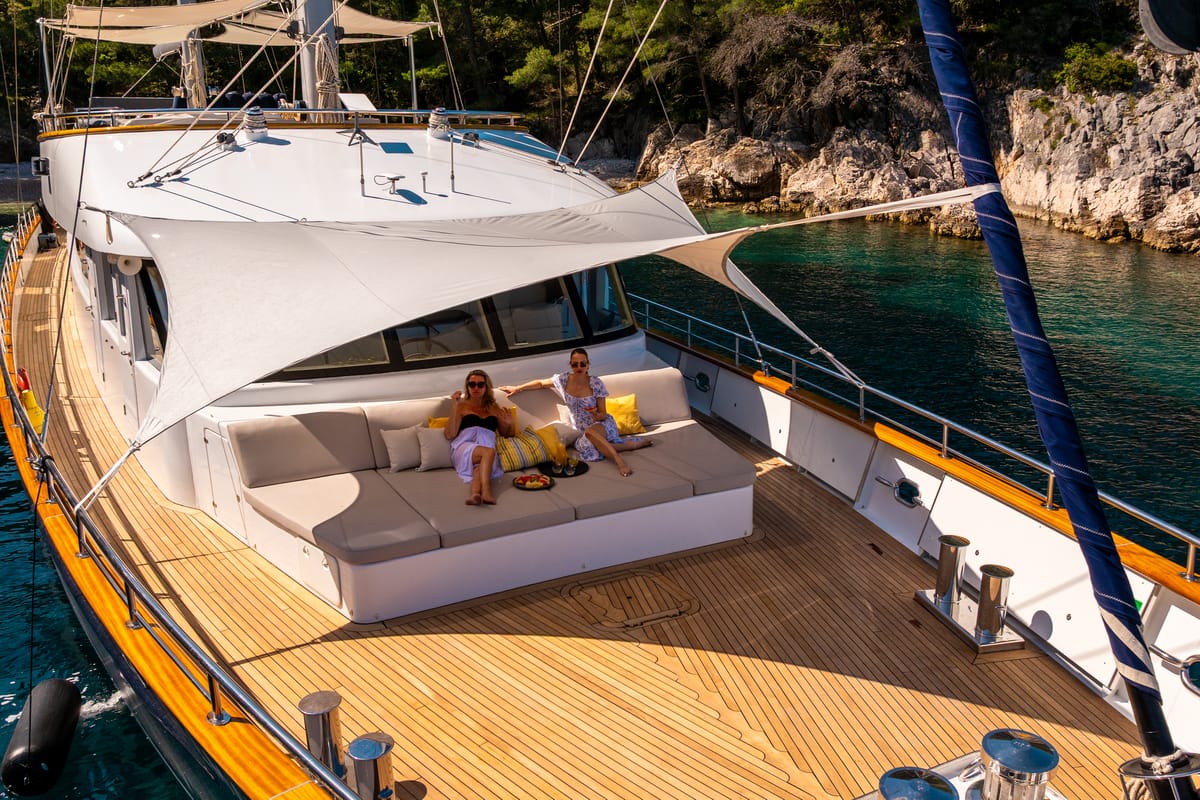 Deck of Dalmatino, a Gulet Luxury Sailing Yacht sailboat at Split, Croatia