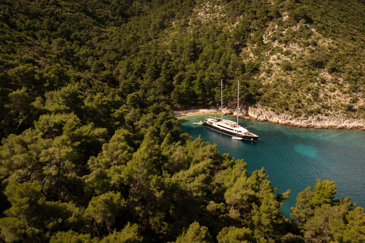 Exterior view of Dalmatino, a Gulet Luxury Sailing Yacht sailboat at Split, Croatia