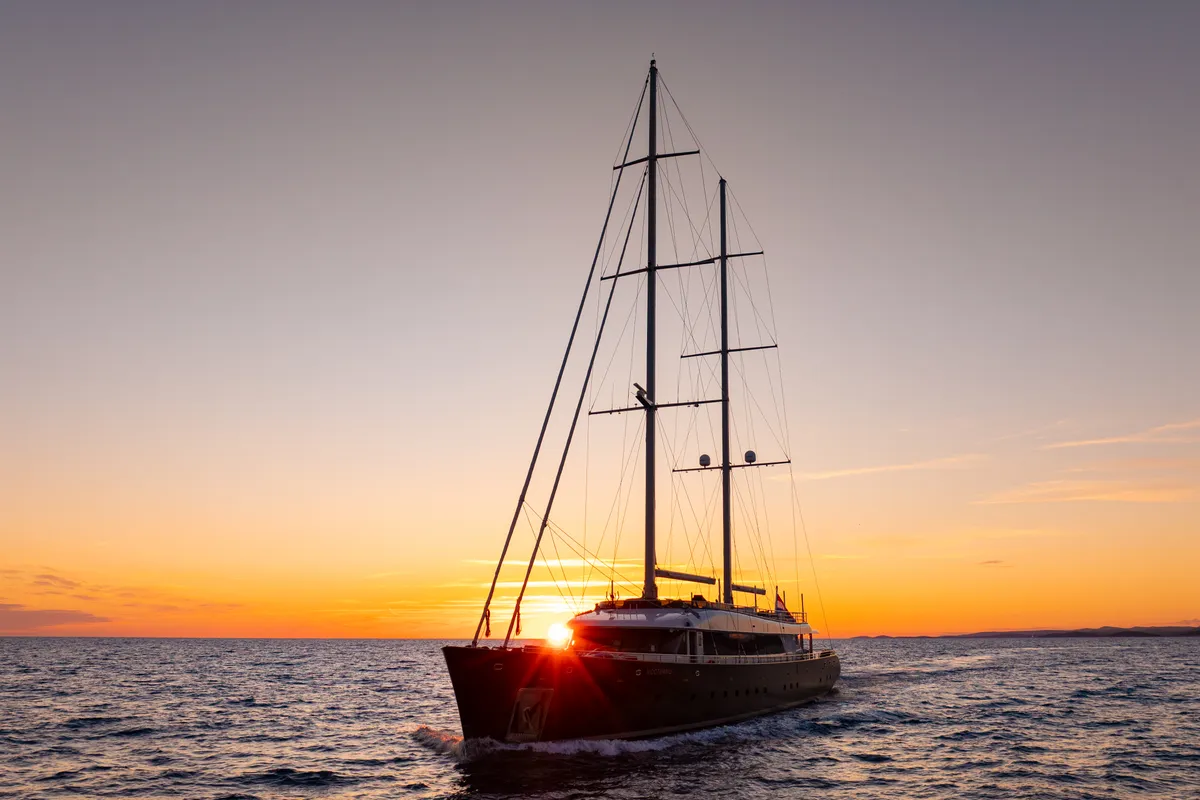 Exterior view of Dalmatino, a Gulet Luxury Sailing Yacht sailboat at Split, Croatia