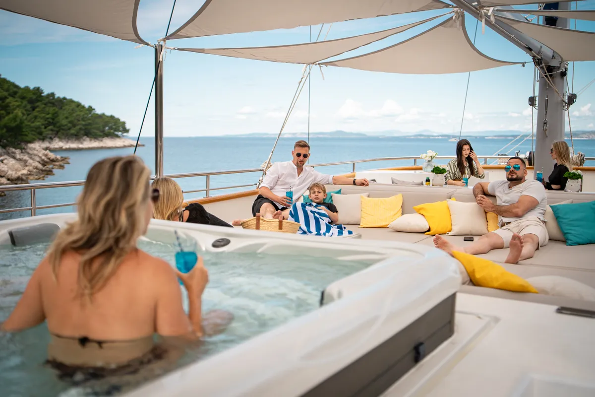 Deck of Dalmatino, a Gulet Luxury Sailing Yacht sailboat at Split, Croatia
