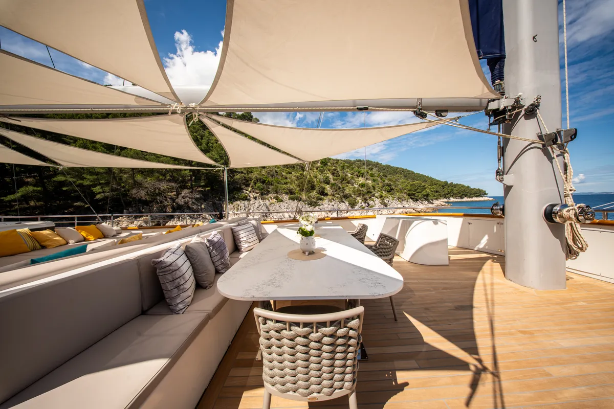 Deck of Dalmatino, a Gulet Luxury Sailing Yacht sailboat at Split, Croatia
