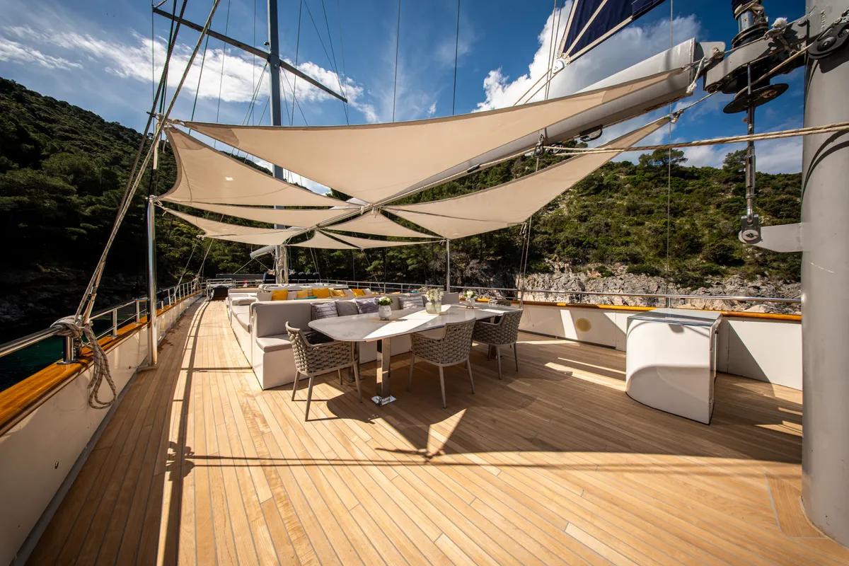 Deck of Dalmatino, a Gulet Luxury Sailing Yacht sailboat at Split, Croatia