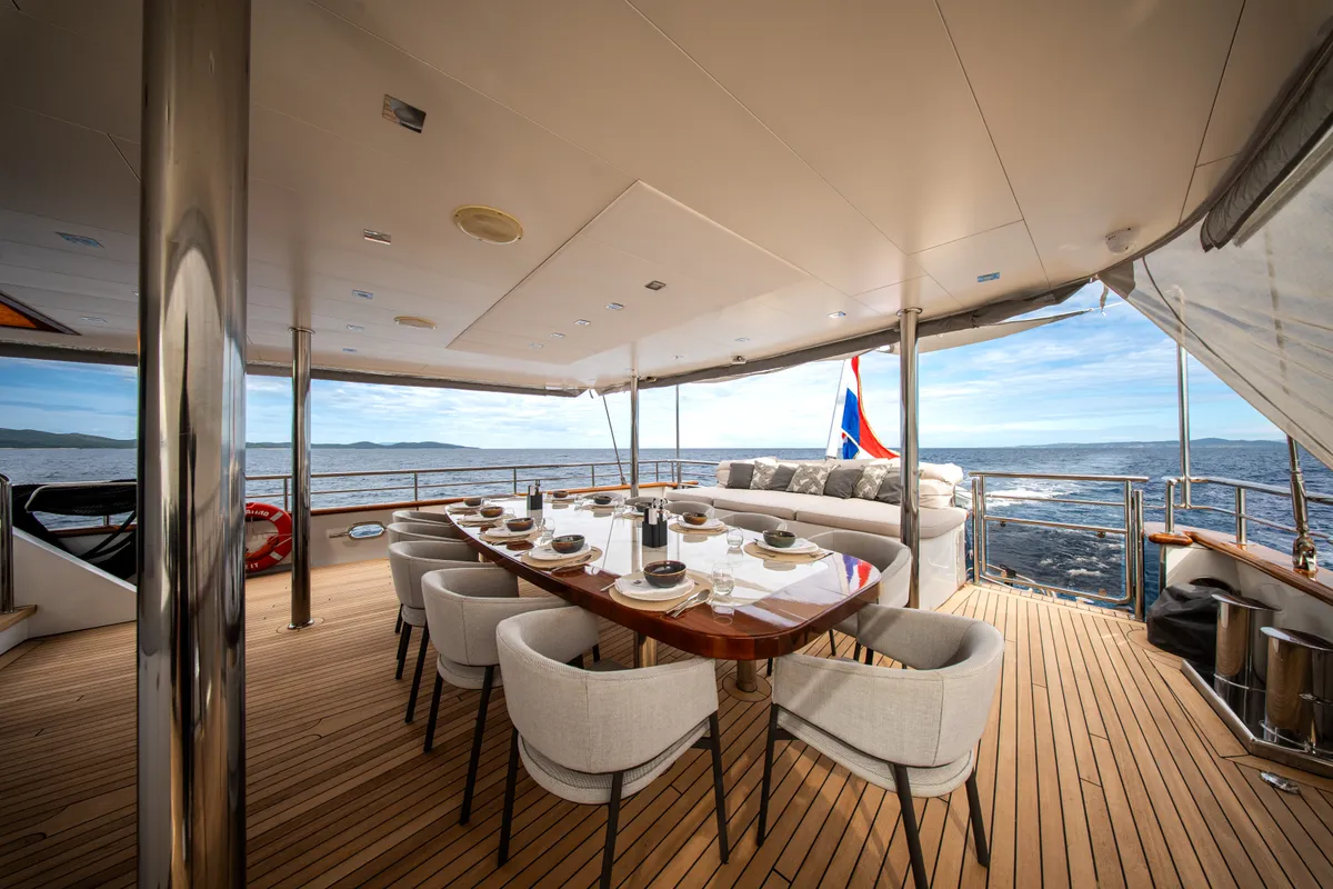 Deck of Dalmatino, a Gulet Luxury Sailing Yacht sailboat at Split, Croatia