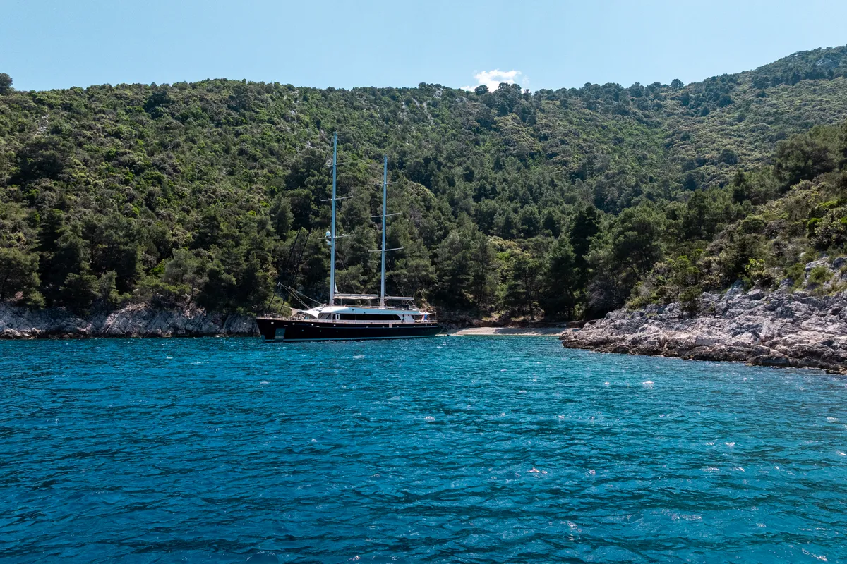 Exterior view of Dalmatino, a Gulet Luxury Sailing Yacht sailboat at Split, Croatia