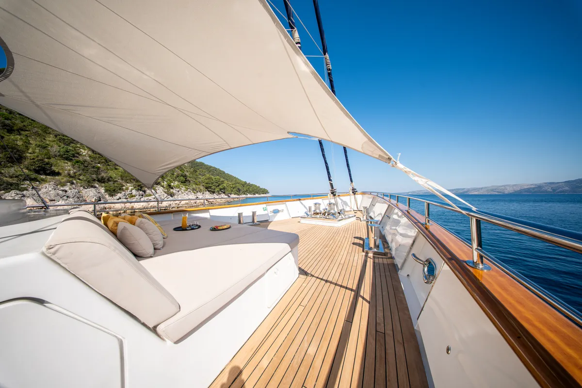 Deck of Dalmatino, a Gulet Luxury Sailing Yacht sailboat at Split, Croatia