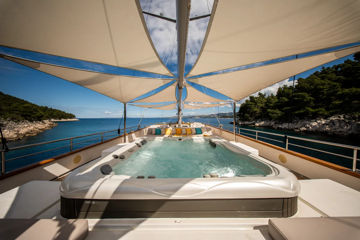 Deck of Dalmatino, a Gulet Luxury Sailing Yacht sailboat at Split, Croatia