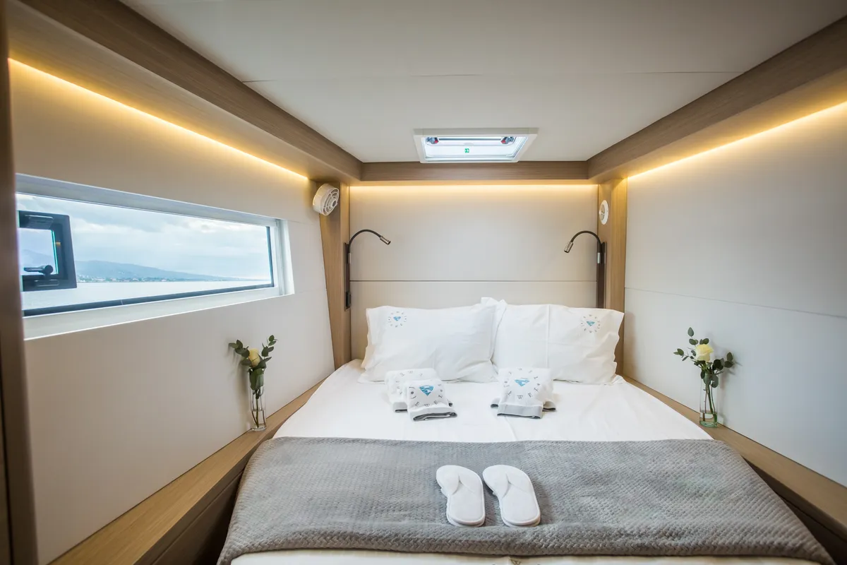 Cabin on JEWEL, a Lagoon 51 catamaran at Athens, Greece