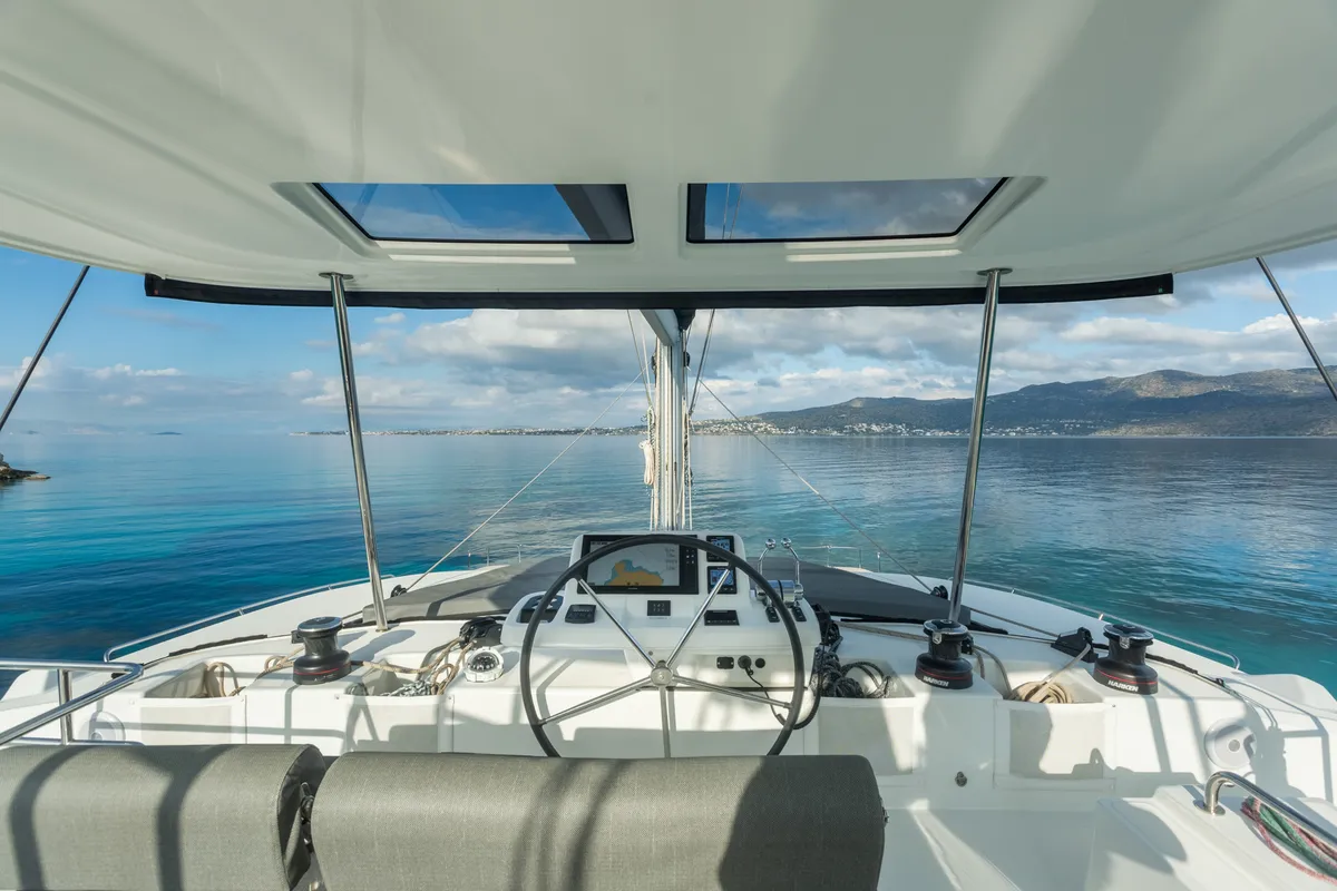 Cockpit of JEWEL, a Lagoon 51 catamaran at Athens, Greece