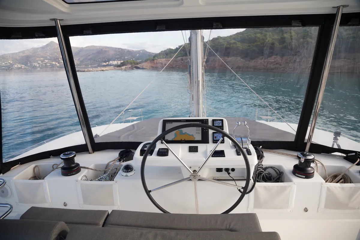 Cockpit of JEWEL, a Lagoon 51 catamaran at Athens, Greece