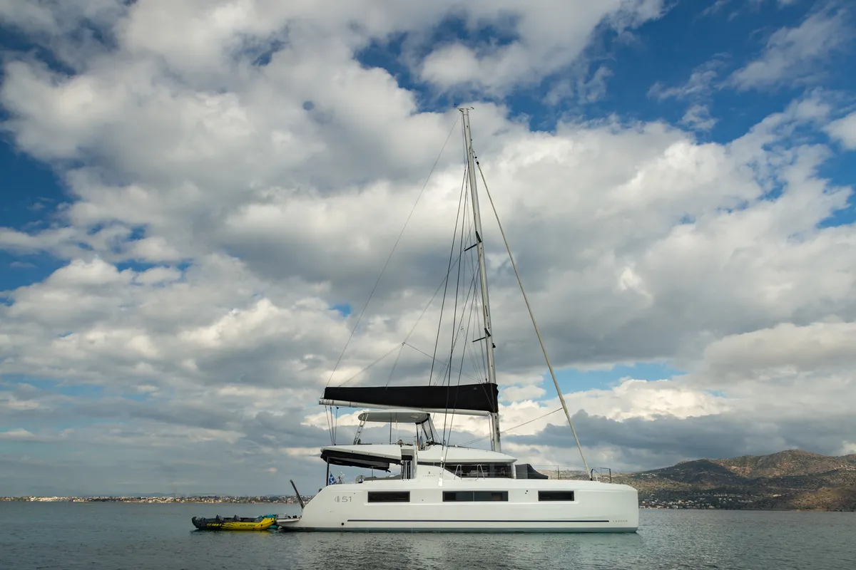 Exterior view of JEWEL, a Lagoon 51 catamaran at Athens, Greece
