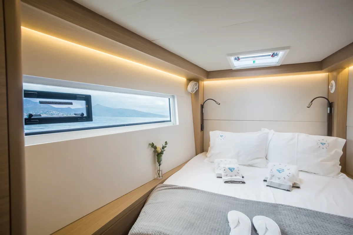 Cabin on JEWEL, a Lagoon 51 catamaran at Athens, Greece