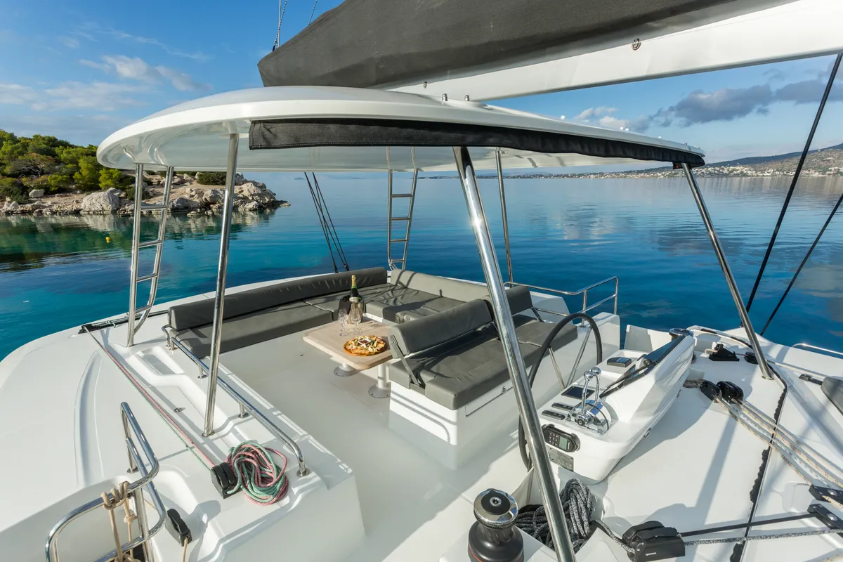Cockpit of JEWEL, a Lagoon 51 catamaran at Athens, Greece