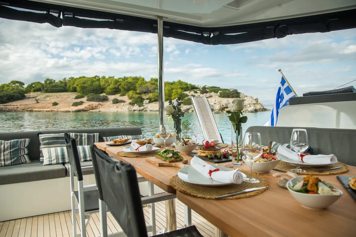Deck of JEWEL, a Lagoon 51 catamaran at Athens, Greece