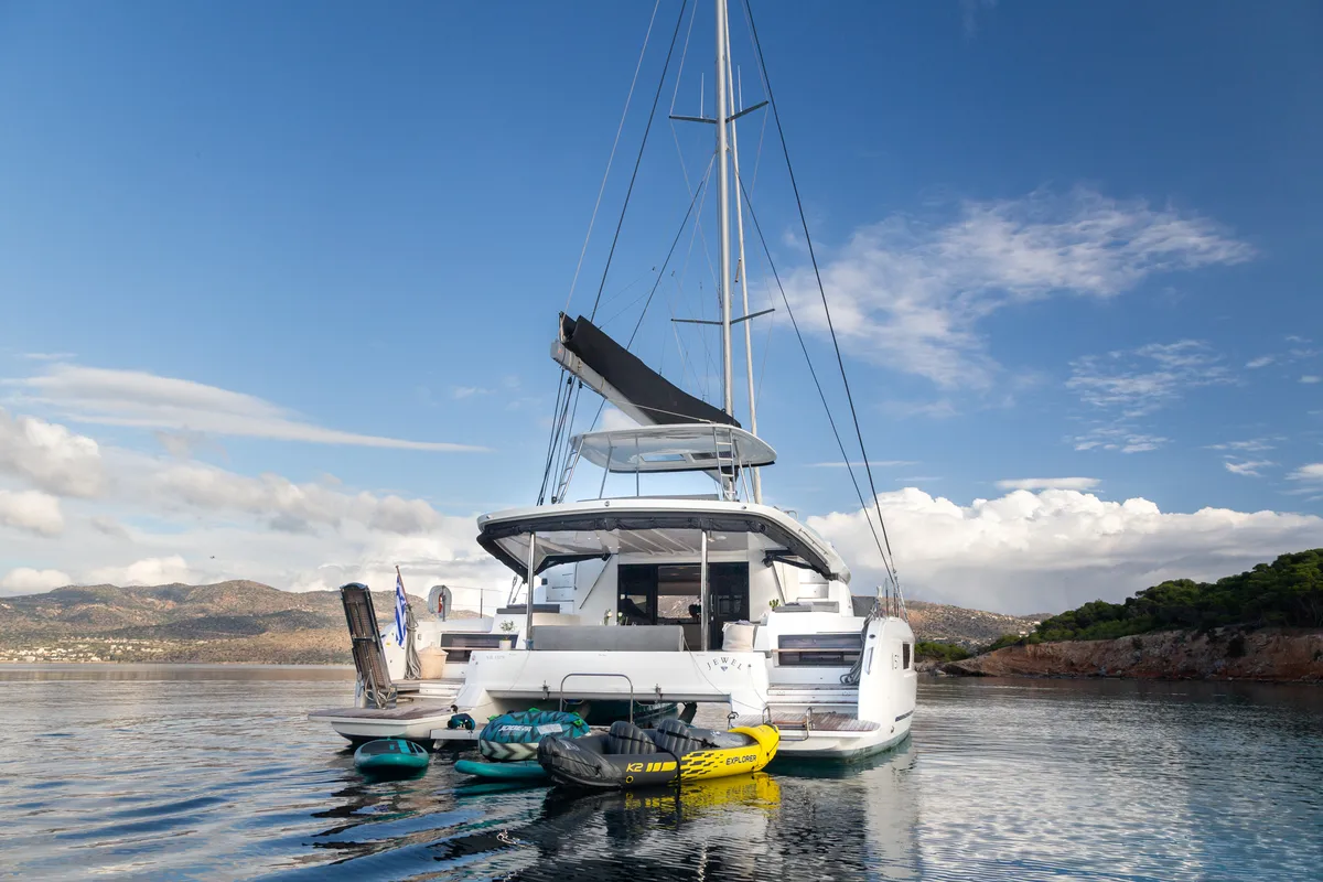 Exterior view of JEWEL, a Lagoon 51 catamaran at Athens, Greece