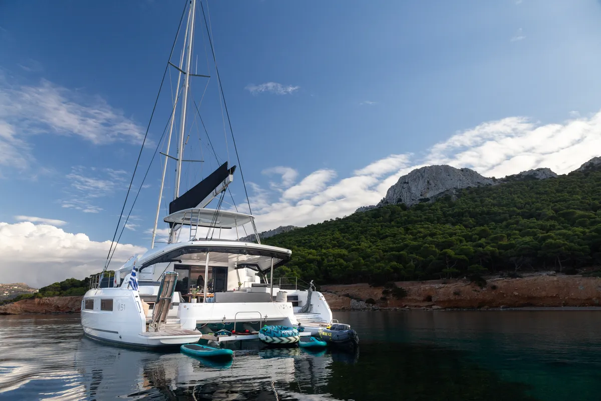 Exterior view of JEWEL, a Lagoon 51 catamaran at Athens, Greece
