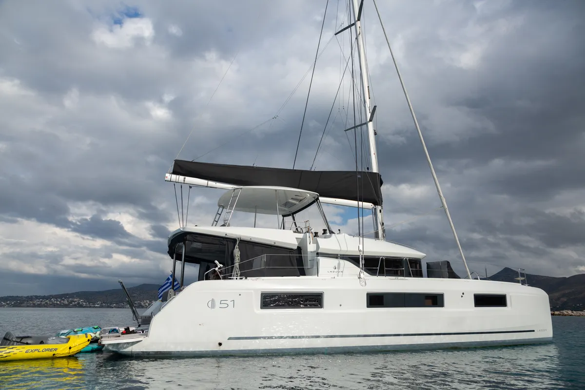 Exterior view of JEWEL, a Lagoon 51 catamaran at Athens, Greece
