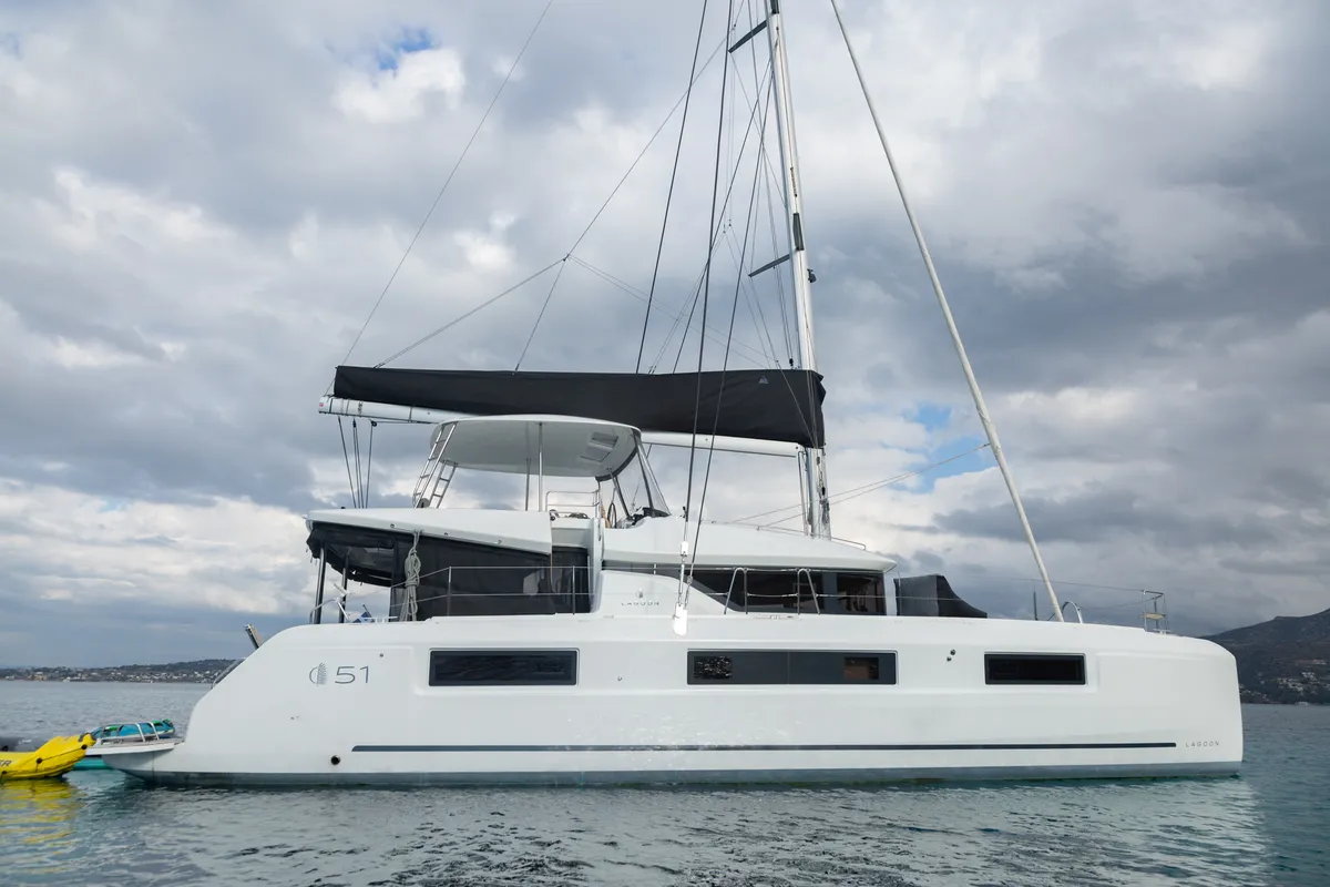 Exterior view of JEWEL, a Lagoon 51 catamaran at Athens, Greece