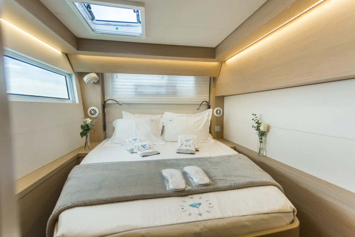 Cabin on JEWEL, a Lagoon 51 catamaran at Athens, Greece