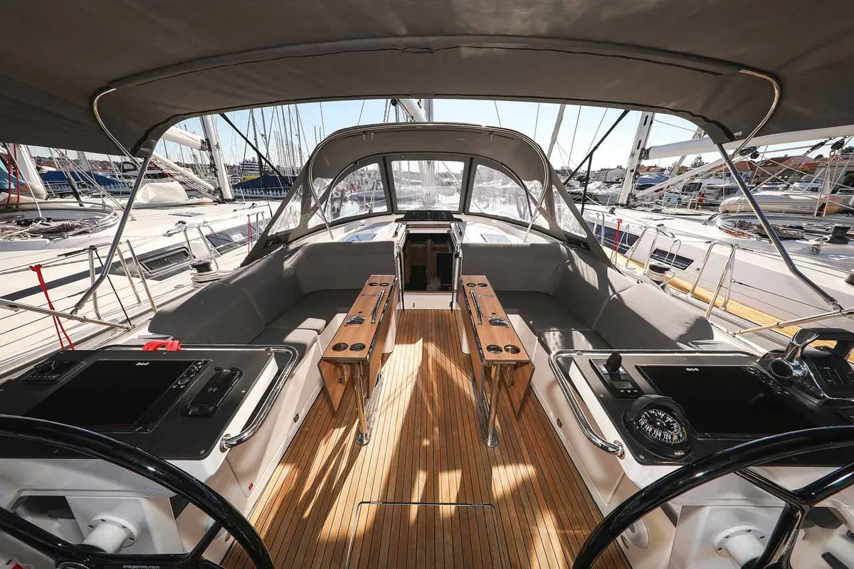 Cockpit of Delizia, a Bavaria C46 sailboat at Grad Biograd na Moru, Croatia