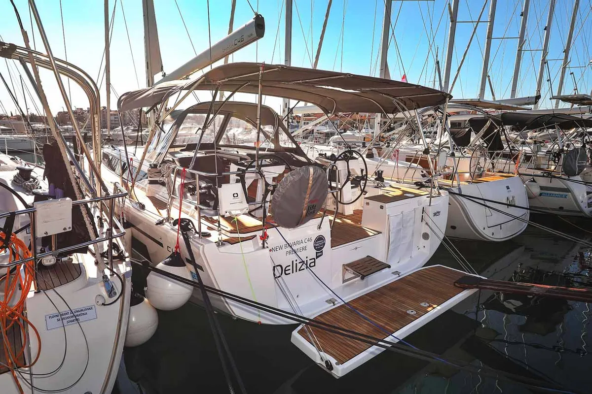 Exterior view of Delizia, a Bavaria C46 sailboat at Grad Biograd na Moru, Croatia