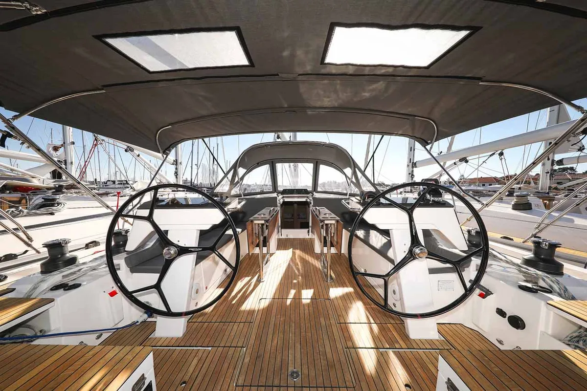 Cockpit of Delizia, a Bavaria C46 sailboat at Grad Biograd na Moru, Croatia