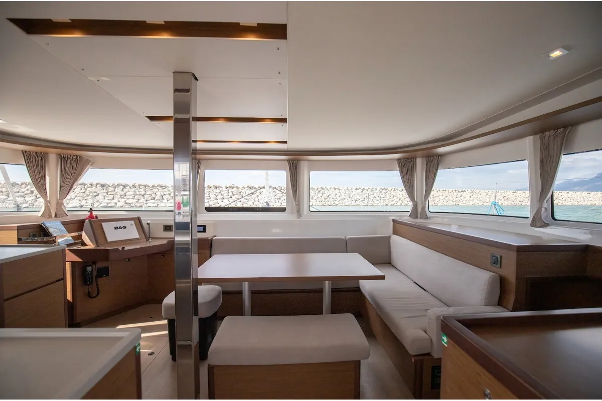 Salon of Ricky, a Lagoon 46 catamaran at Capo d'Orlando, Italy