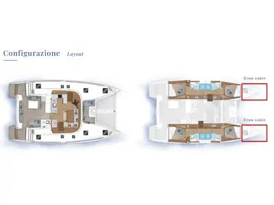 Floor plan of Ricky, a Lagoon 46 catamaran at Capo d'Orlando, Italy