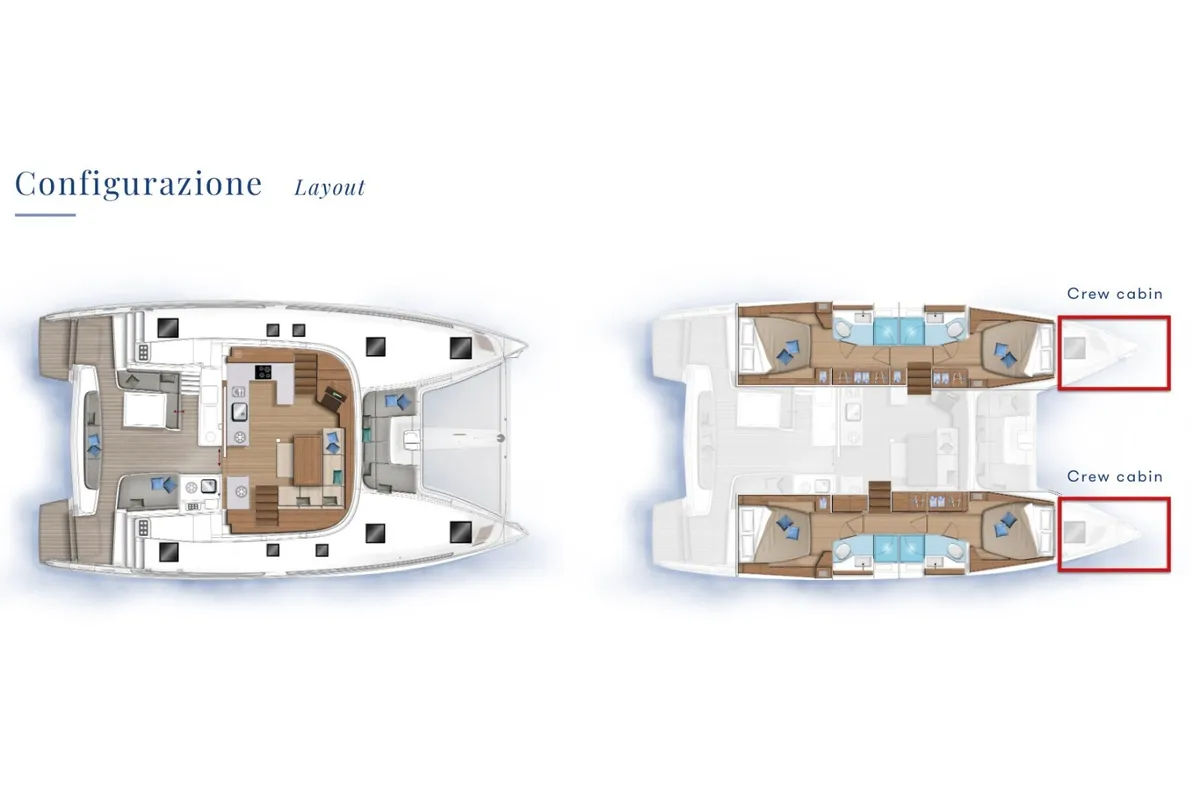Floor plan of Ricky, a Lagoon 46 catamaran at Capo d'Orlando, Italy
