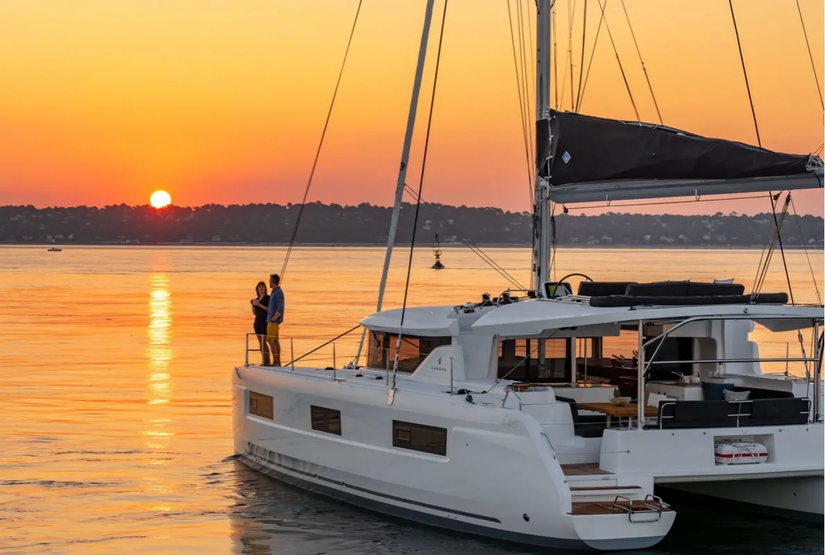 Exterior view of Ricky, a Lagoon 46 catamaran at Capo d'Orlando, Italy