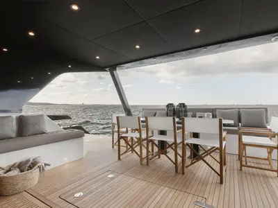Deck of Moonlight, a Gulet Moon Sail 60 catamaran at Lavreotiki, Greece