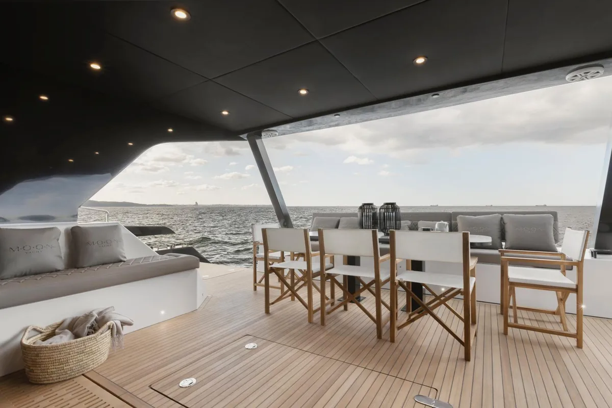 Deck of Moonlight, a Gulet Moon Sail 60 catamaran at Lavreotiki, Greece