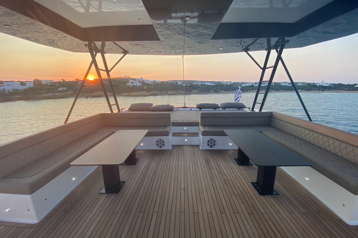 Deck of Moonlight, a Gulet Moon Sail 60 catamaran at Lavreotiki, Greece
