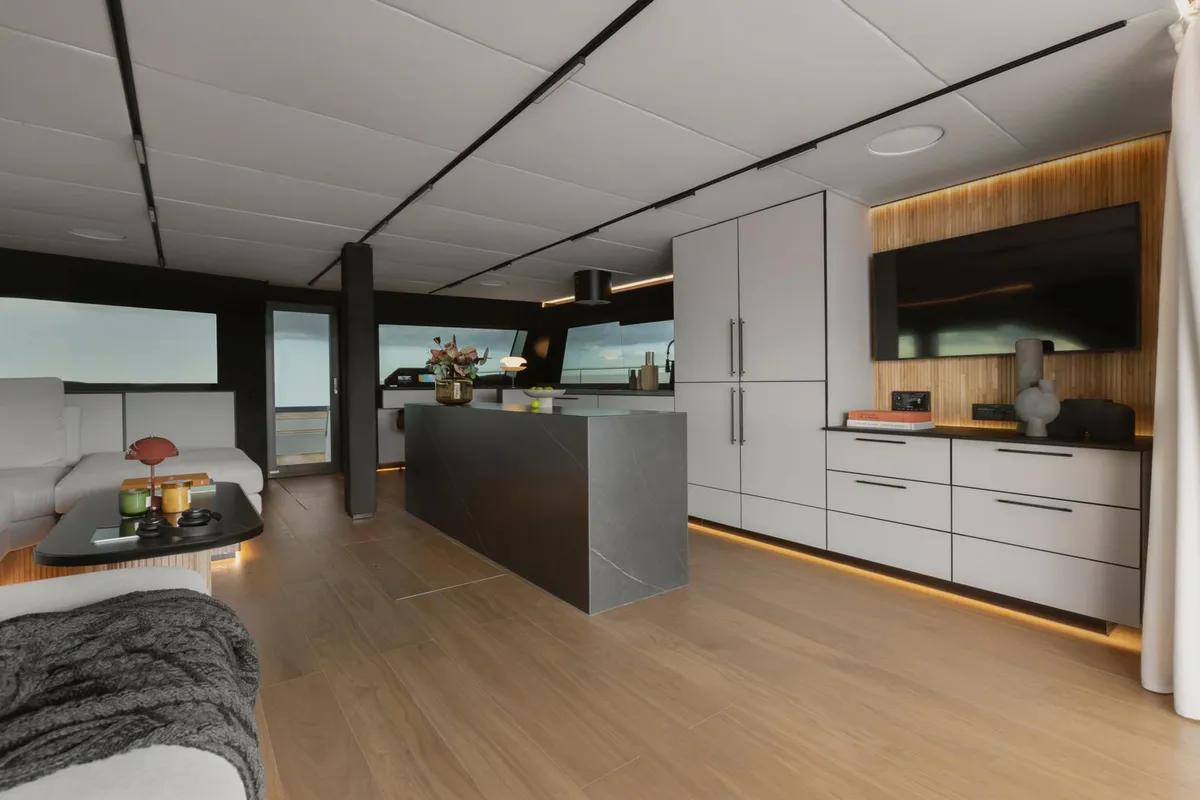 Galley of Moonlight, a Gulet Moon Sail 60 catamaran at Lavreotiki, Greece