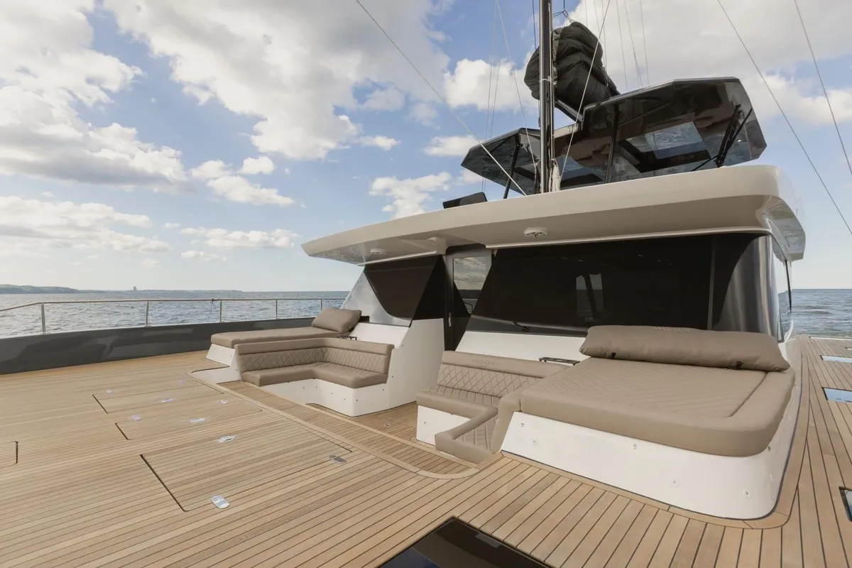 Deck of Moonlight, a Gulet Moon Sail 60 catamaran at Lavreotiki, Greece