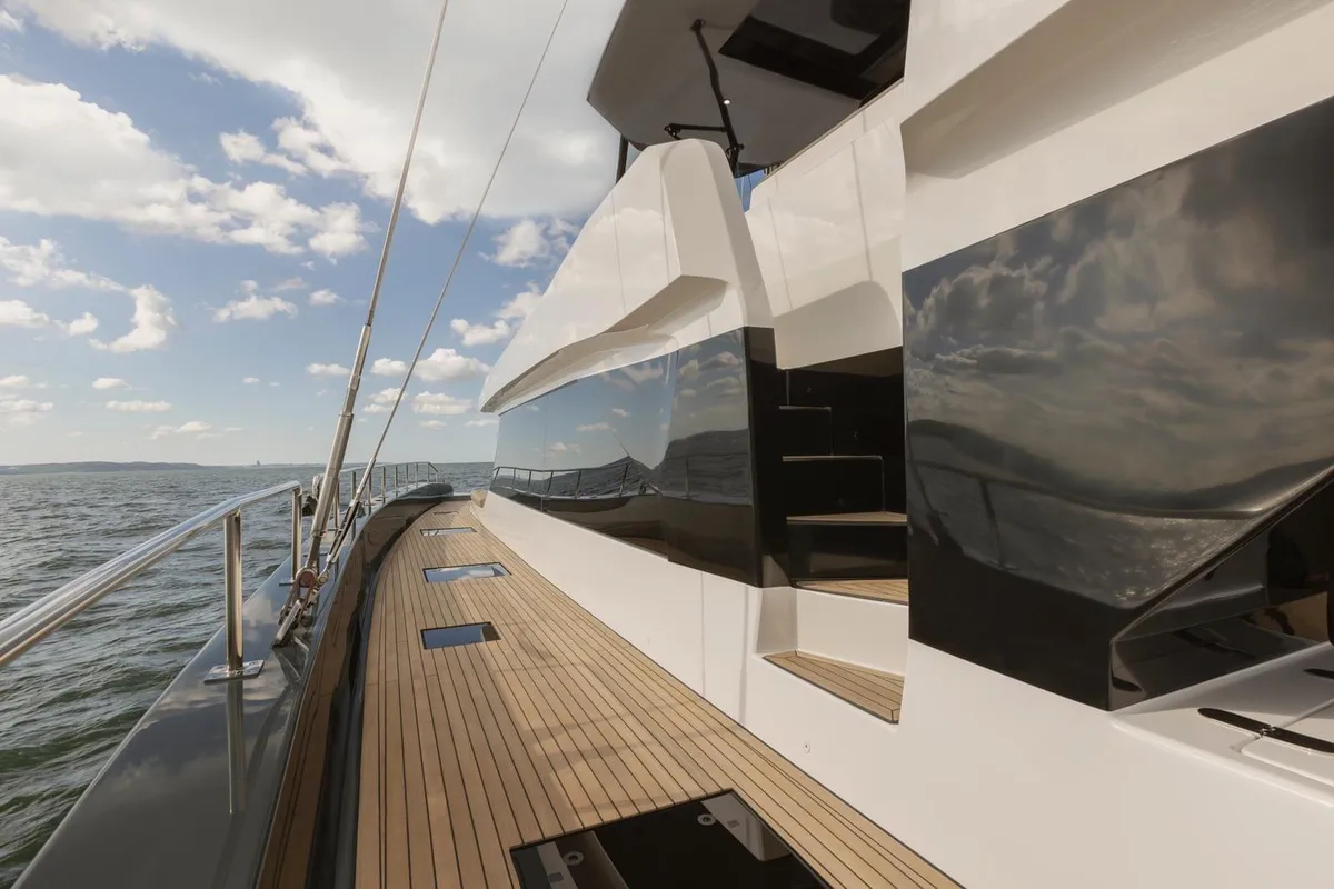 Deck of Moonlight, a Gulet Moon Sail 60 catamaran at Lavreotiki, Greece