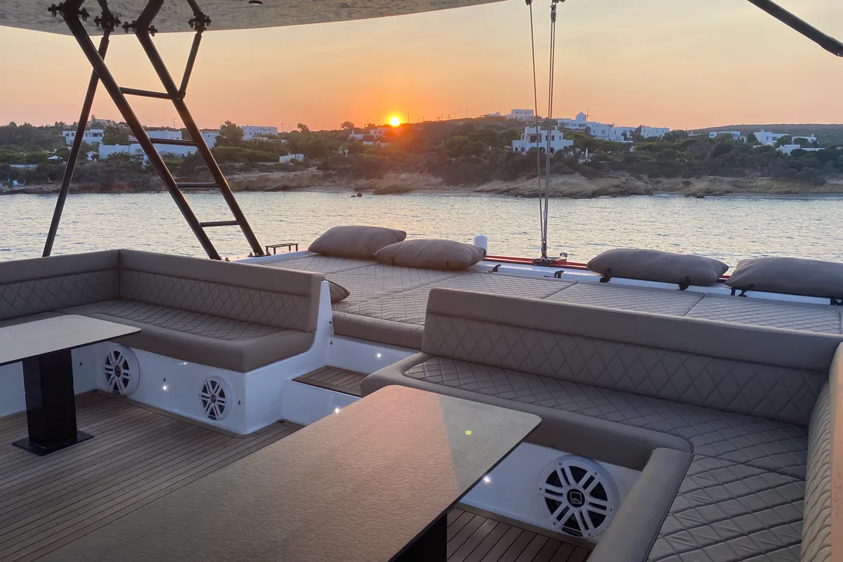 Deck of Moonlight, a Gulet Moon Sail 60 catamaran at Lavreotiki, Greece