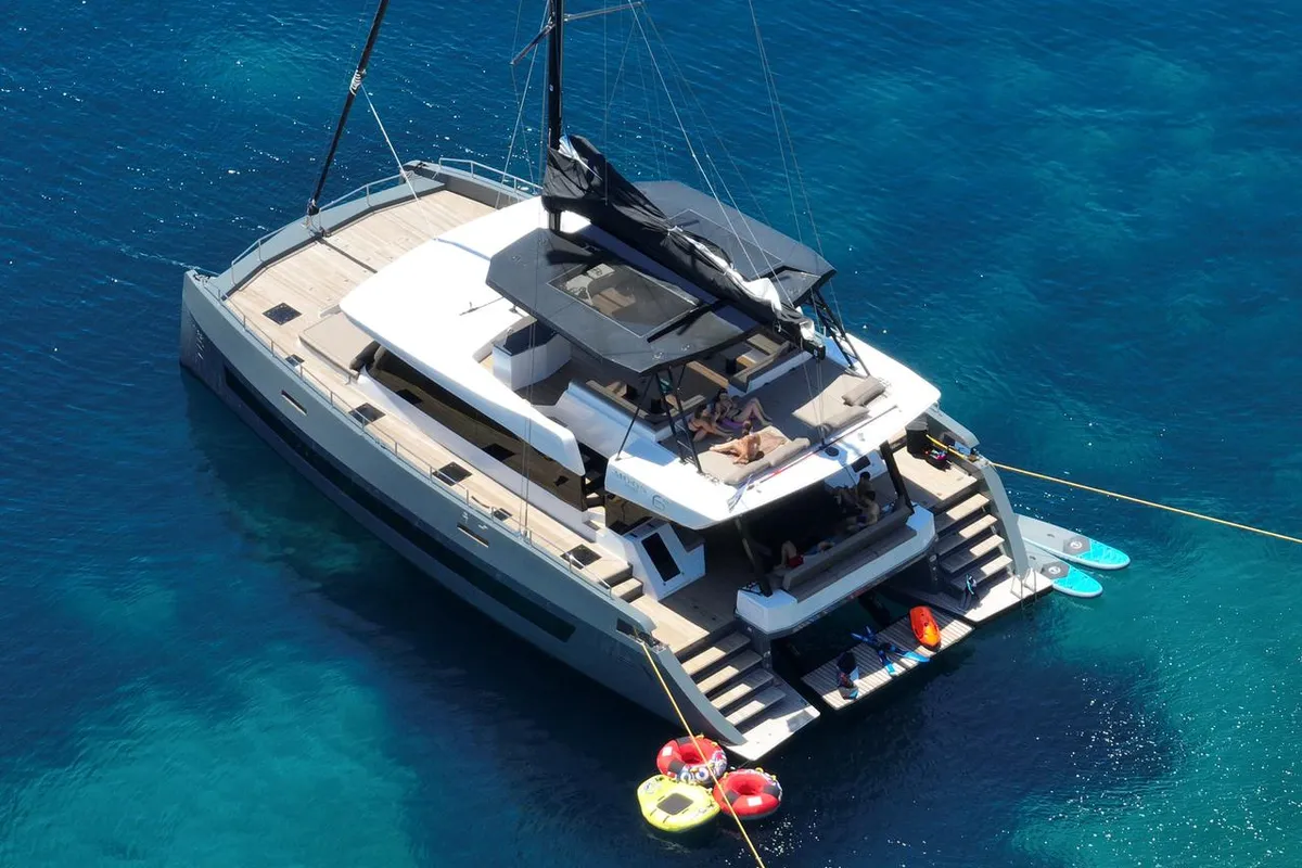 Exterior view of Moonlight, a Gulet Moon Sail 60 catamaran at Lavreotiki, Greece
