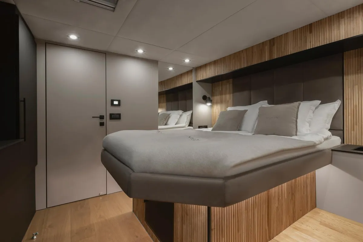 Cabin on Moonlight, a Gulet Moon Sail 60 catamaran at Lavreotiki, Greece